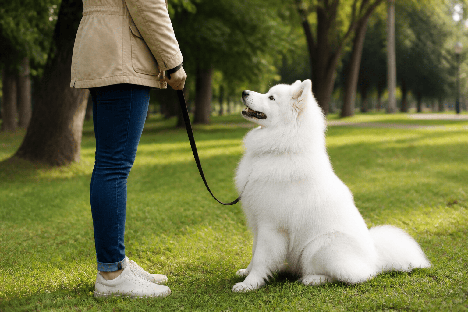 Young Samoyed practicing a calm sit beside an owner with a simple leash in a park