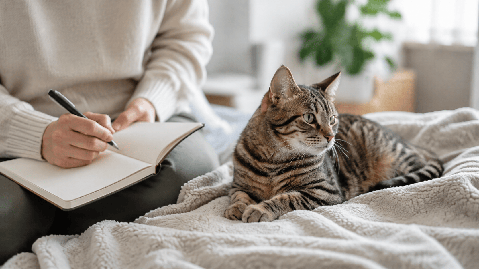 Owner noting behavior while cat rests nearby