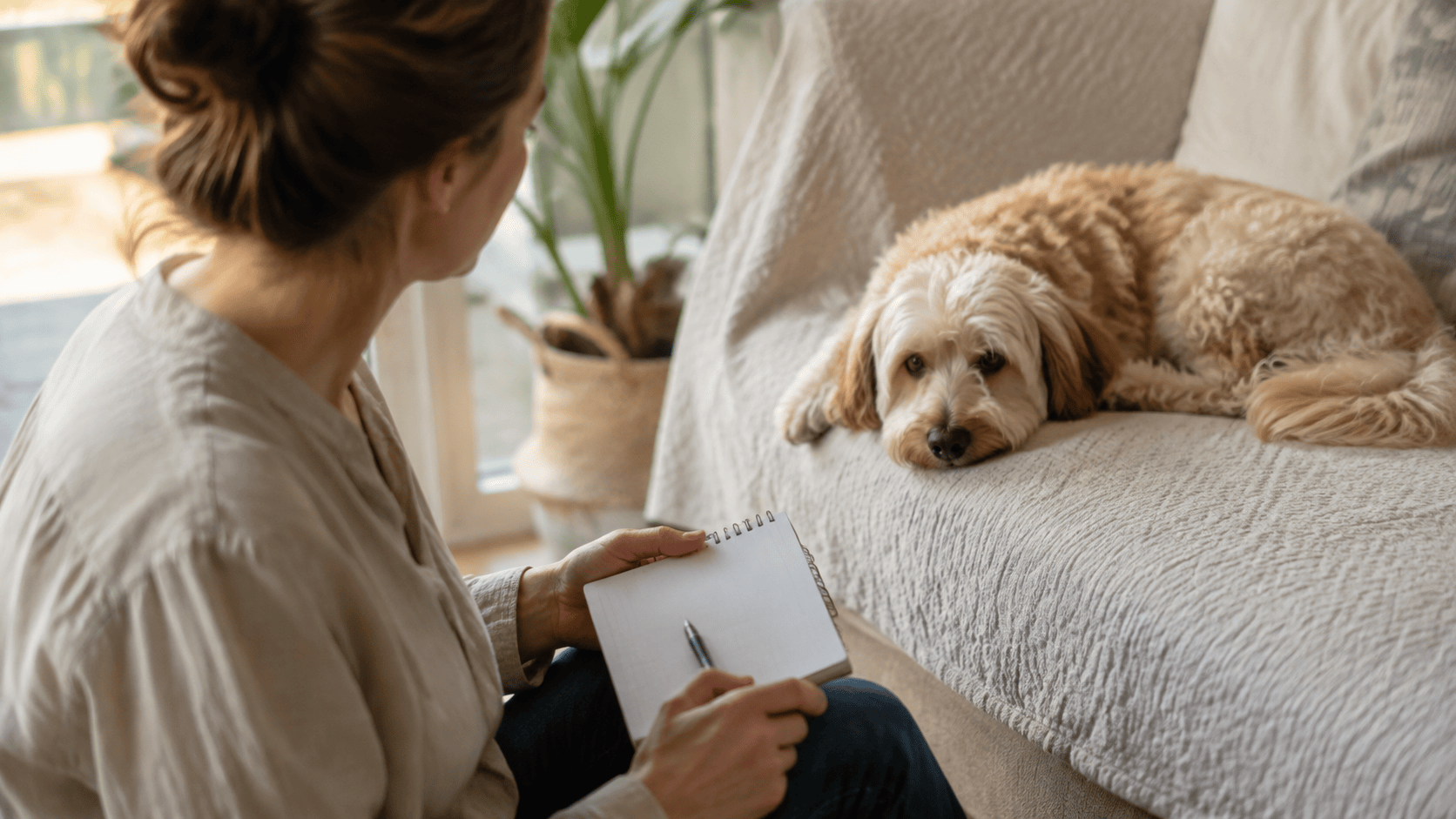 Owner making notes while a dog rests nearby