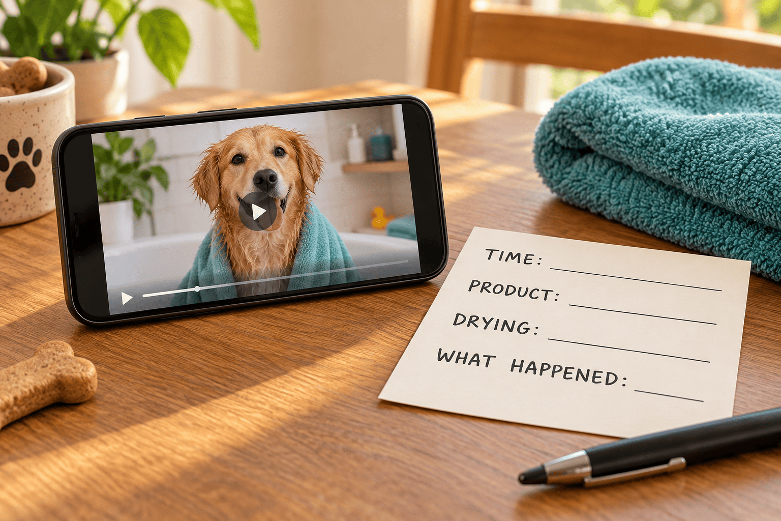 Phone video and observation card for noting what happened after a dog's bath.