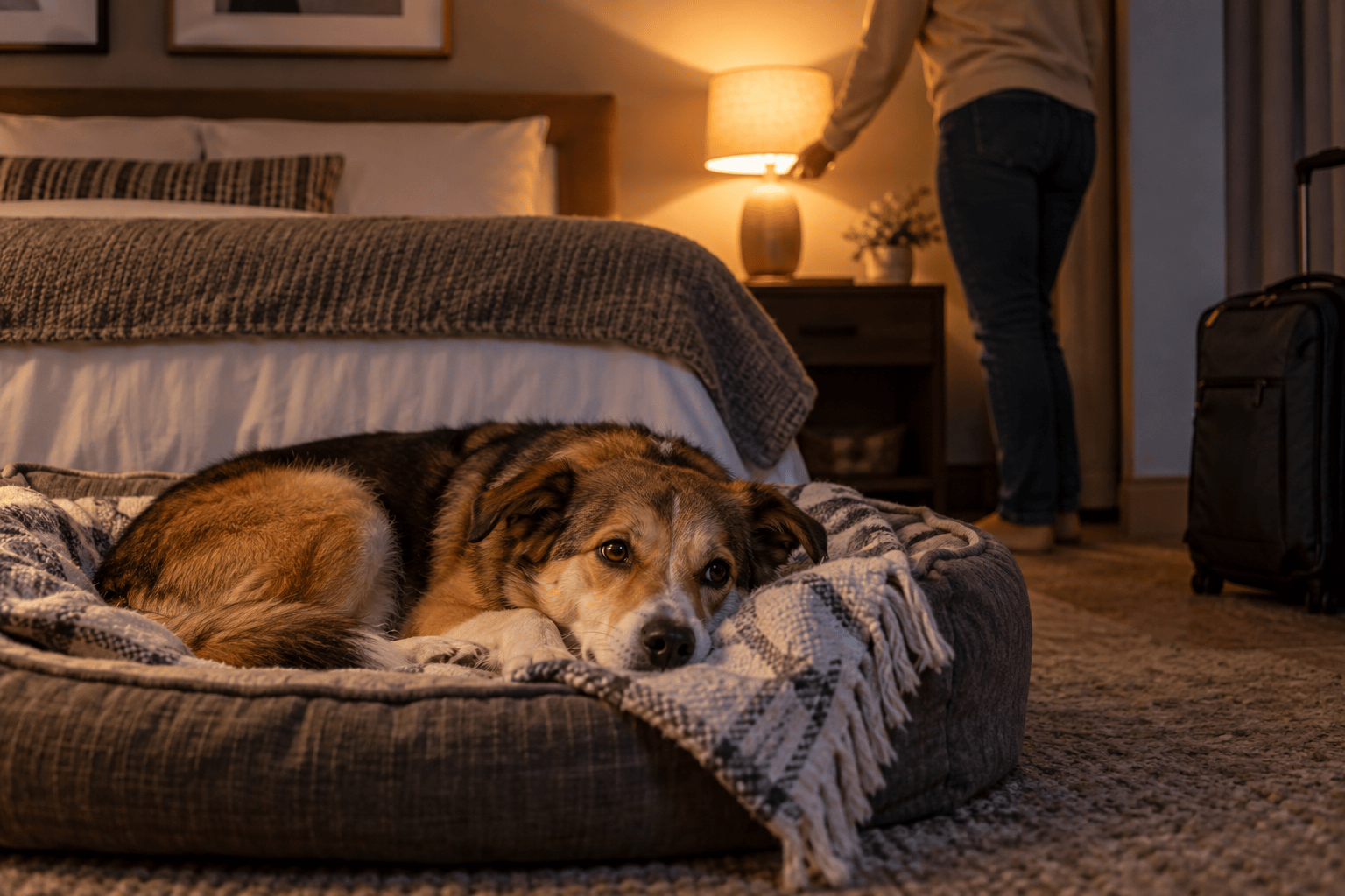 Dog settling calmly for bedtime while a traveler lowers the room lights