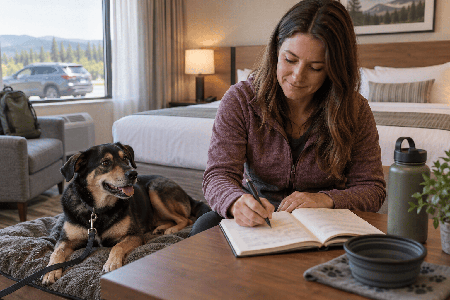 Owner recording a dog travel bathroom pattern in a notebook