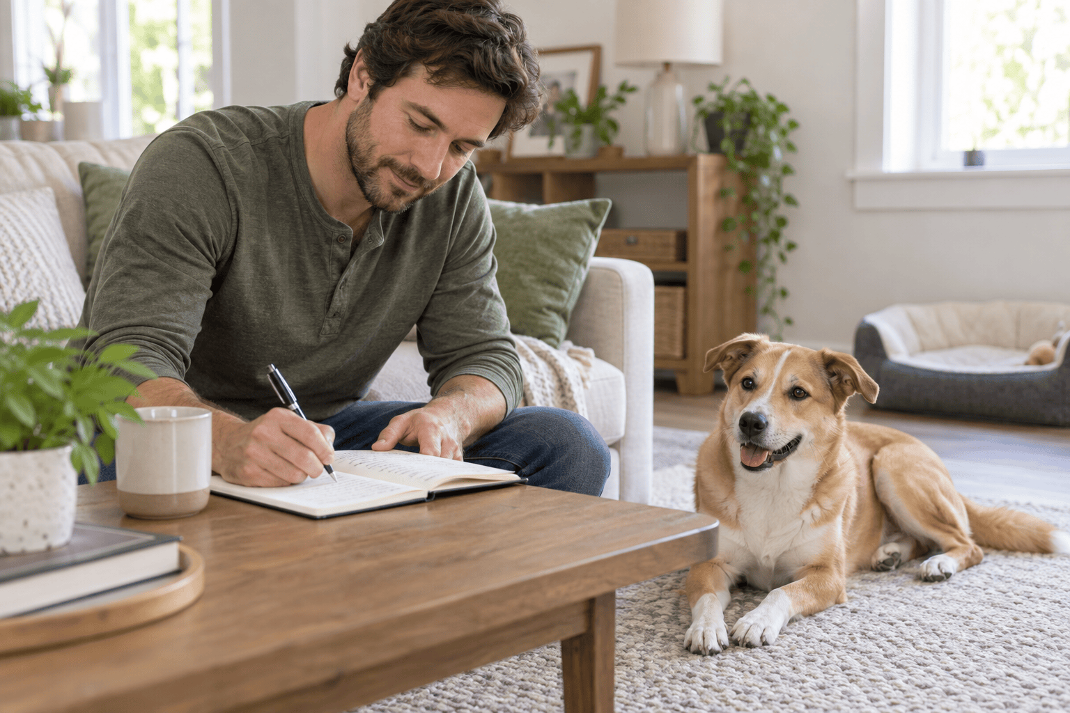 Owner recording stool changes and scooting frequency in a notebook