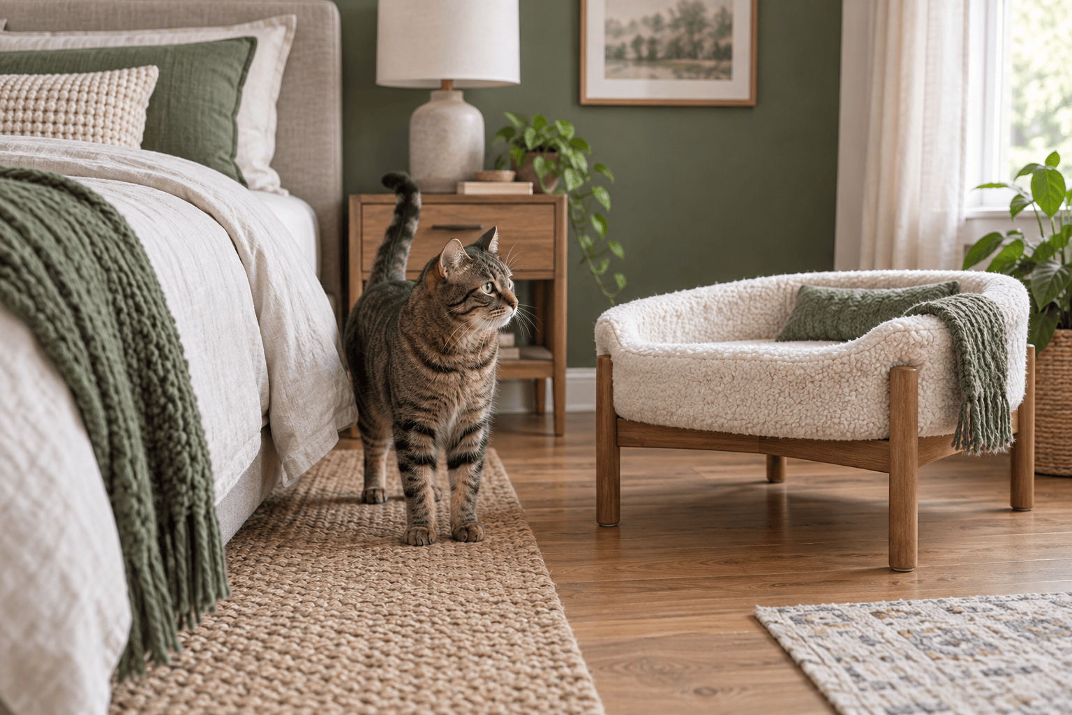 Tabby looking between a human bed and a warm elevated cat bed
