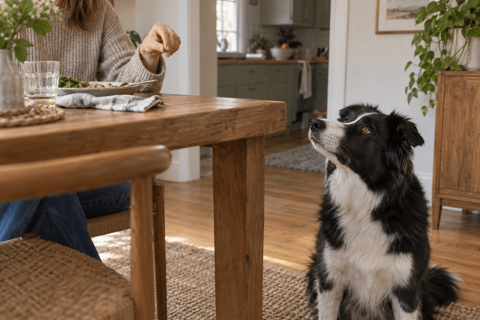 Dog expecting a table scrap while an owner's hand remains above the dining table