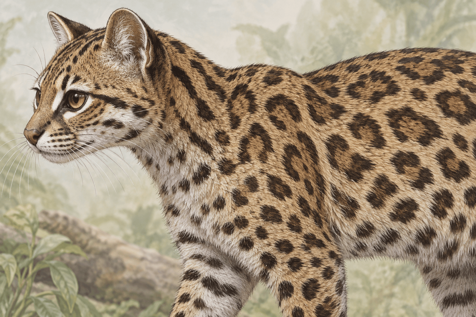 Educational illustration of irregular rosette markings on a small spotted wild cat