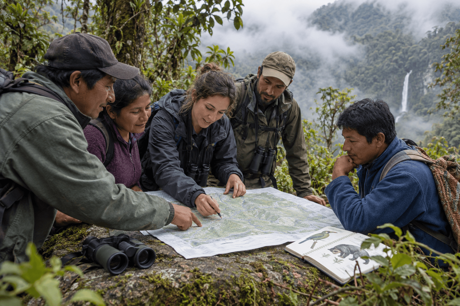 Community members and conservation researchers sharing observations in a cloud forest region