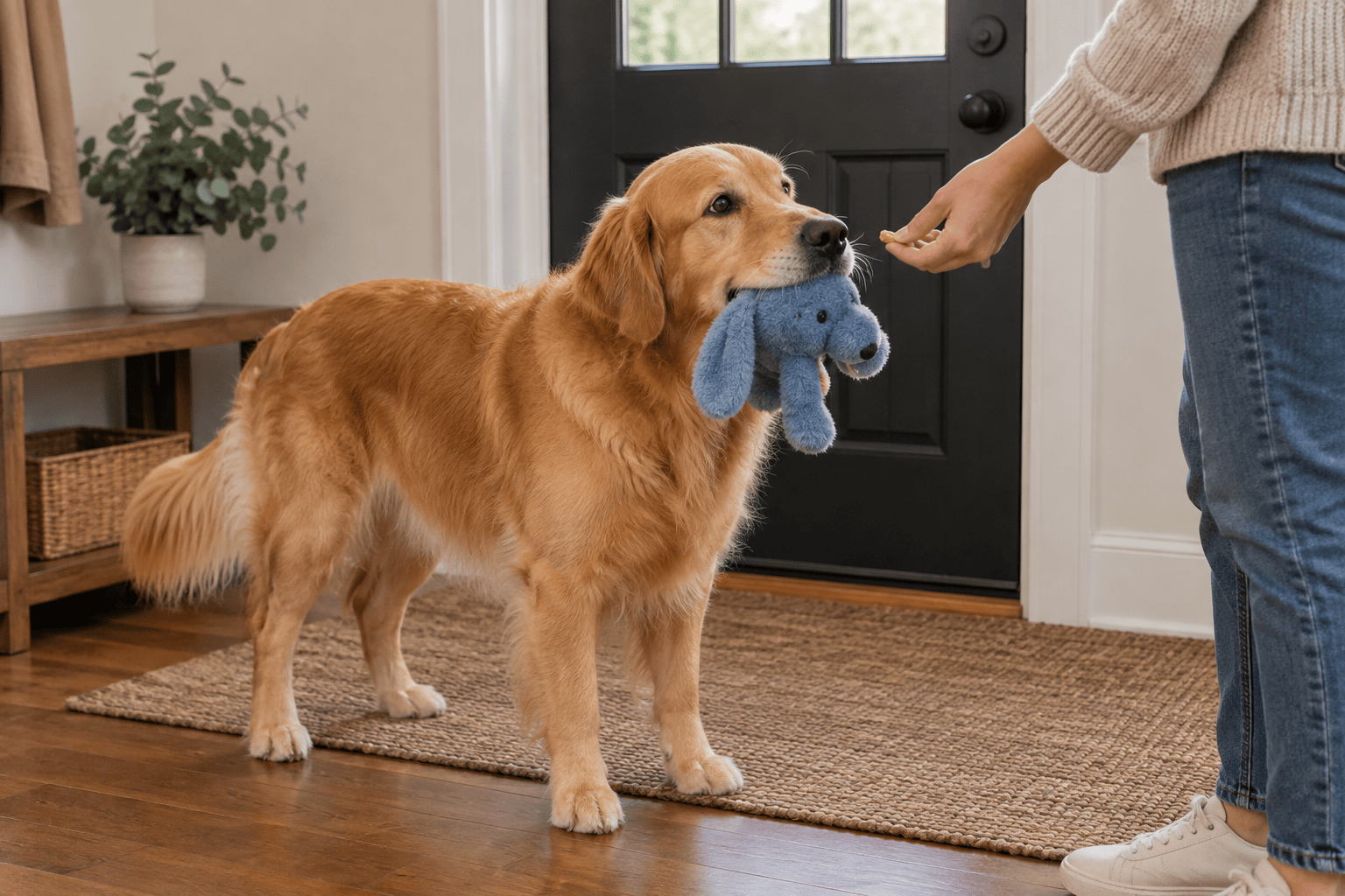 Owner rewarding a calm golden retriever holding a toy with four paws on the floor