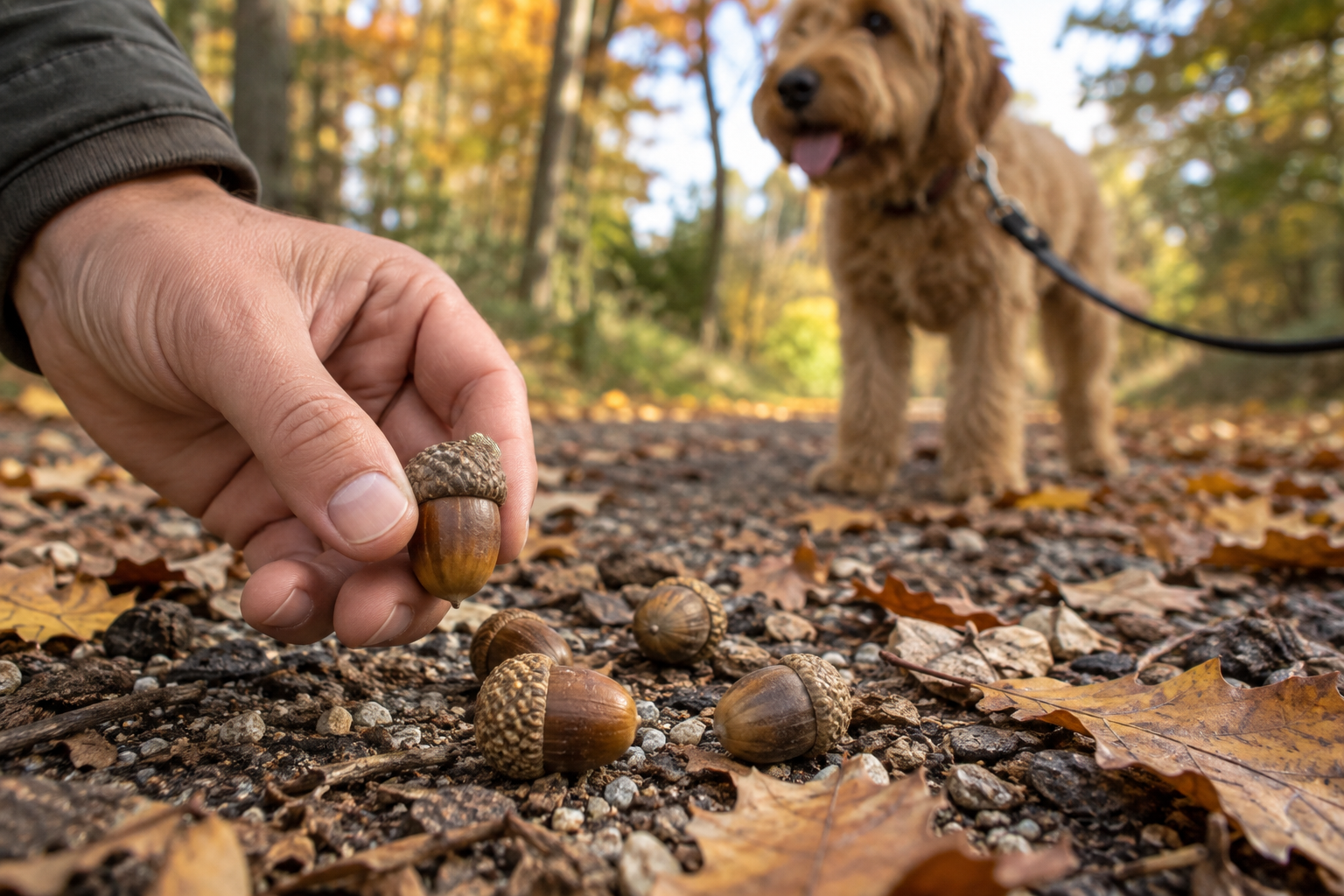 A hand showing the size of an acorn near an autumn walking path