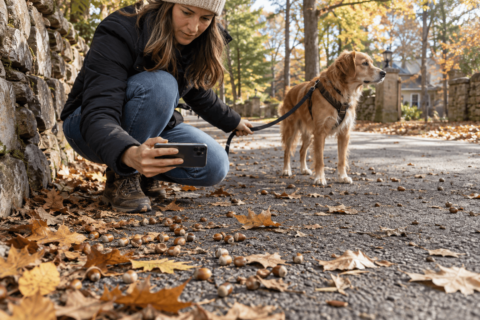 Owner photographing acorns on the path while keeping the dog away