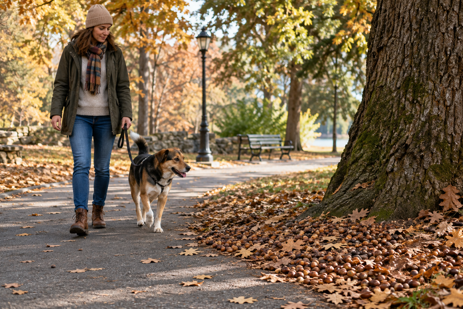 Owner guiding dog onto a path clear of fallen acorns