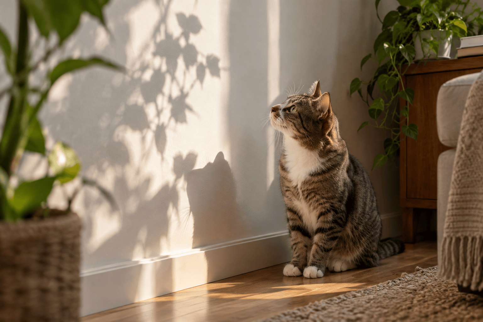 Cat watching shifting daylight on a wall
