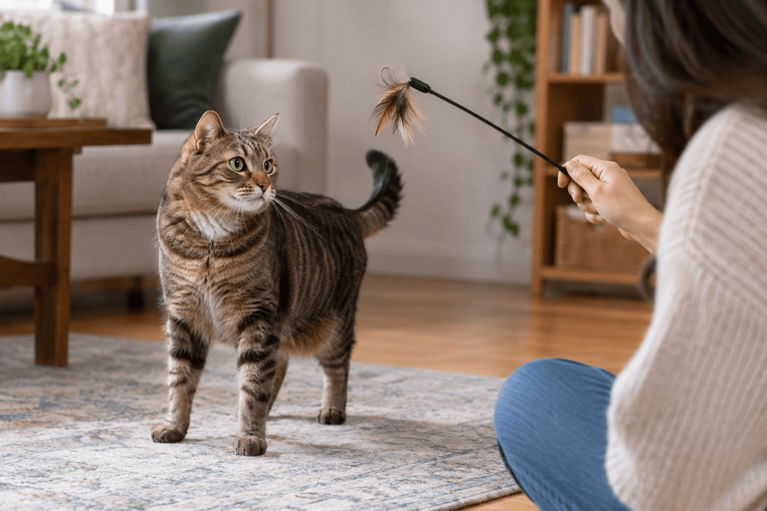 Cat glances toward a familiar wand toy