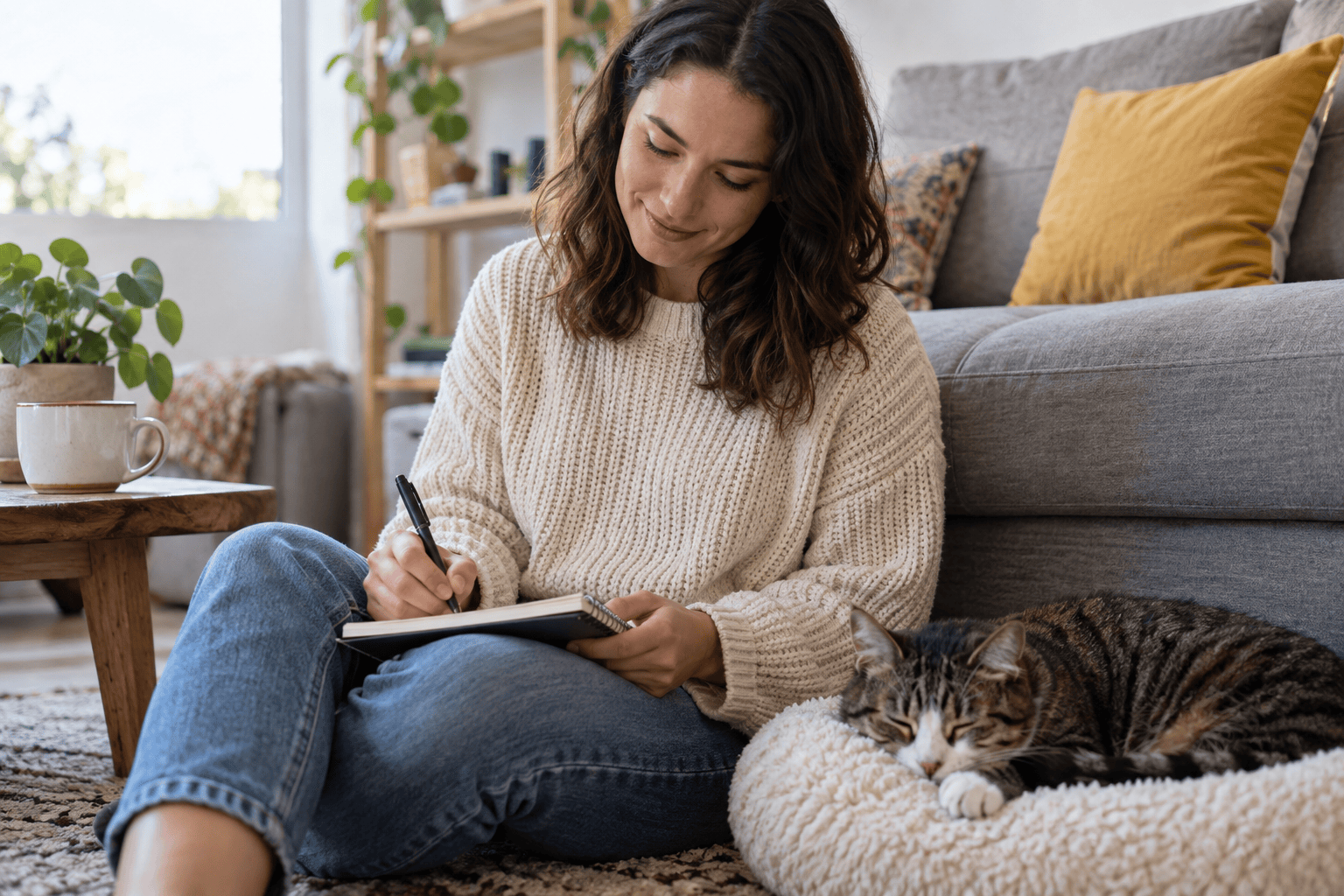 Owner takes notes while cat rests nearby