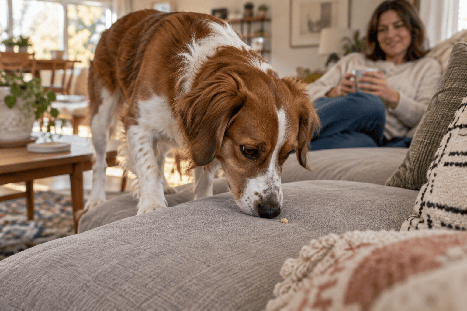 Dog sniffs the sofa near a possible food scent