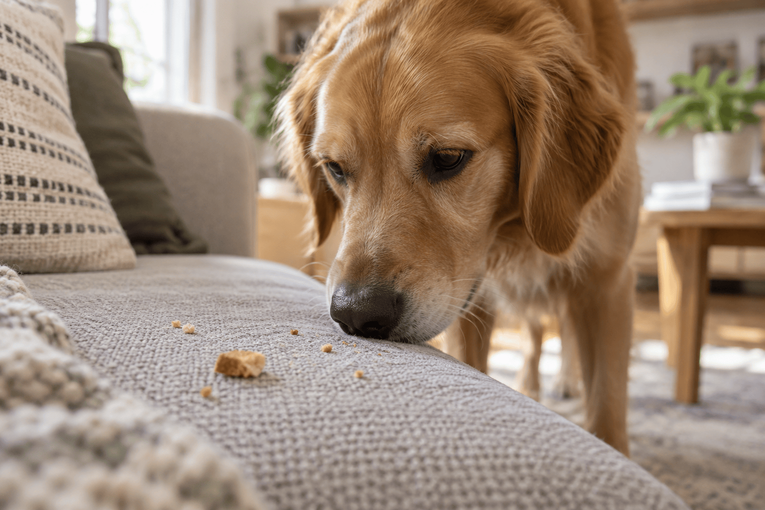 Close view of sofa fabric and a curious dog