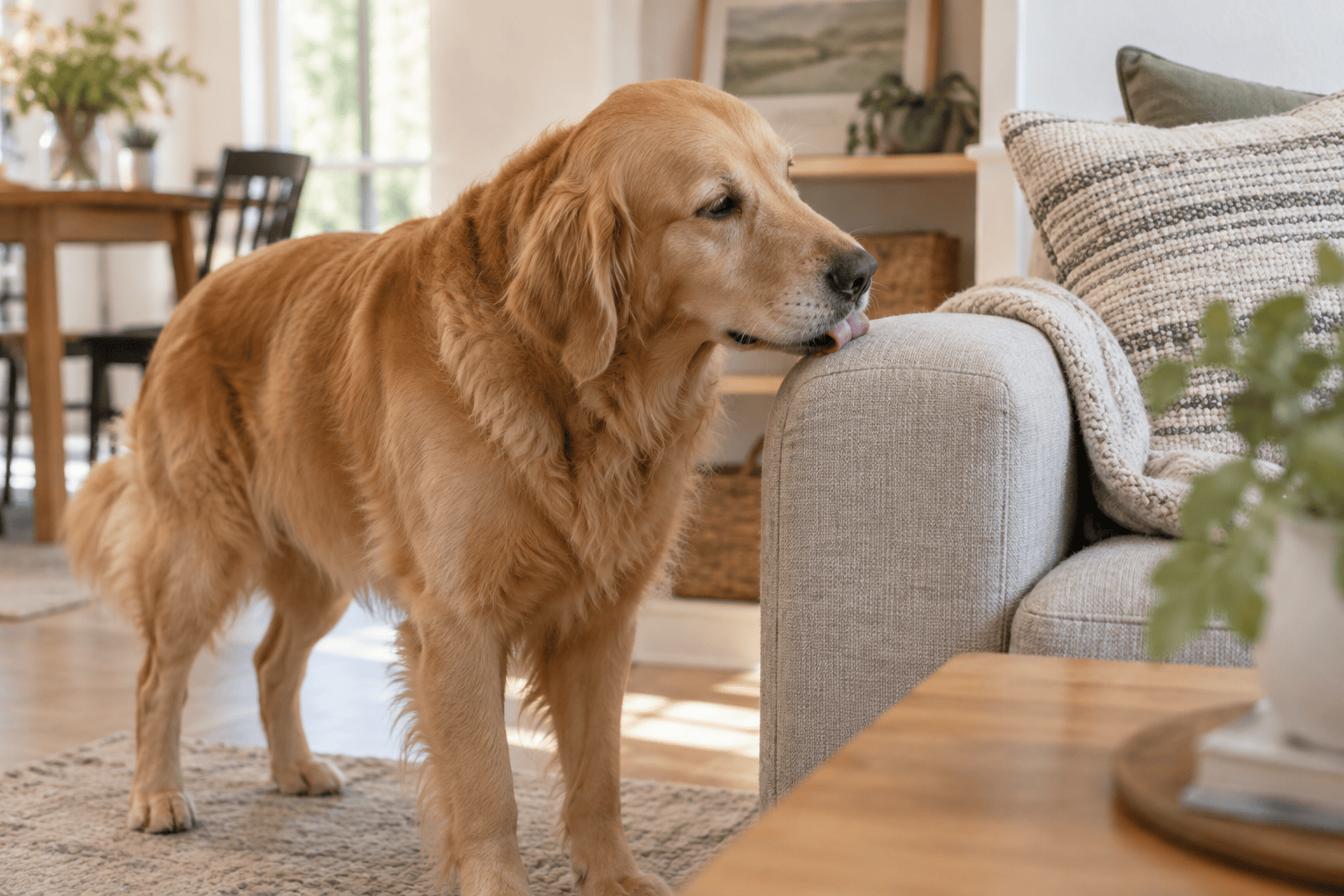Dog briefly licks the arm of a sofa