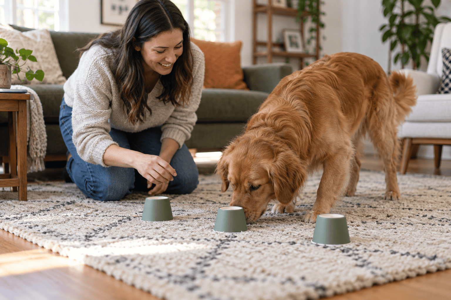 Dog and owner play a scent game away from the sofa