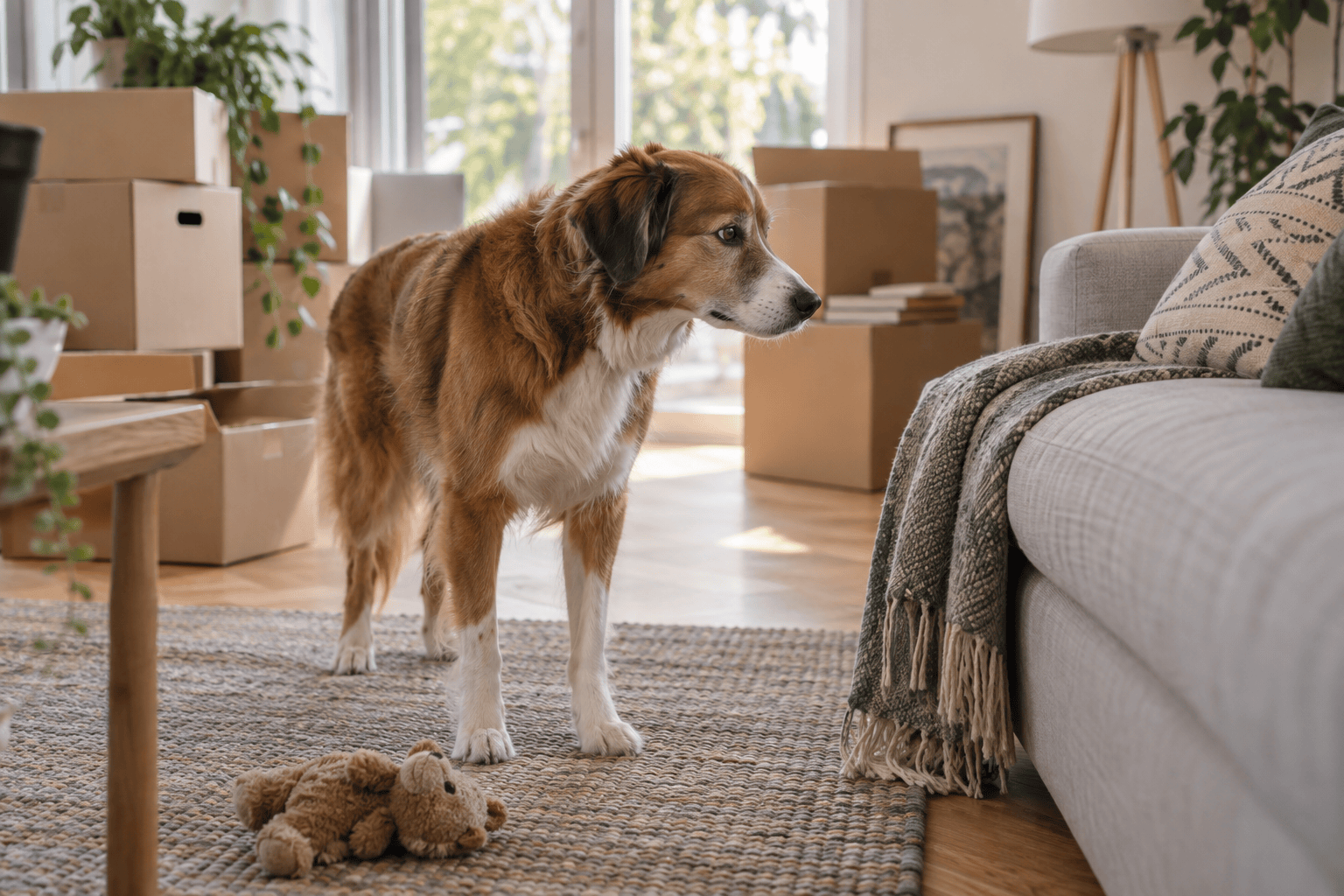 Dog notices a changed home routine near the couch