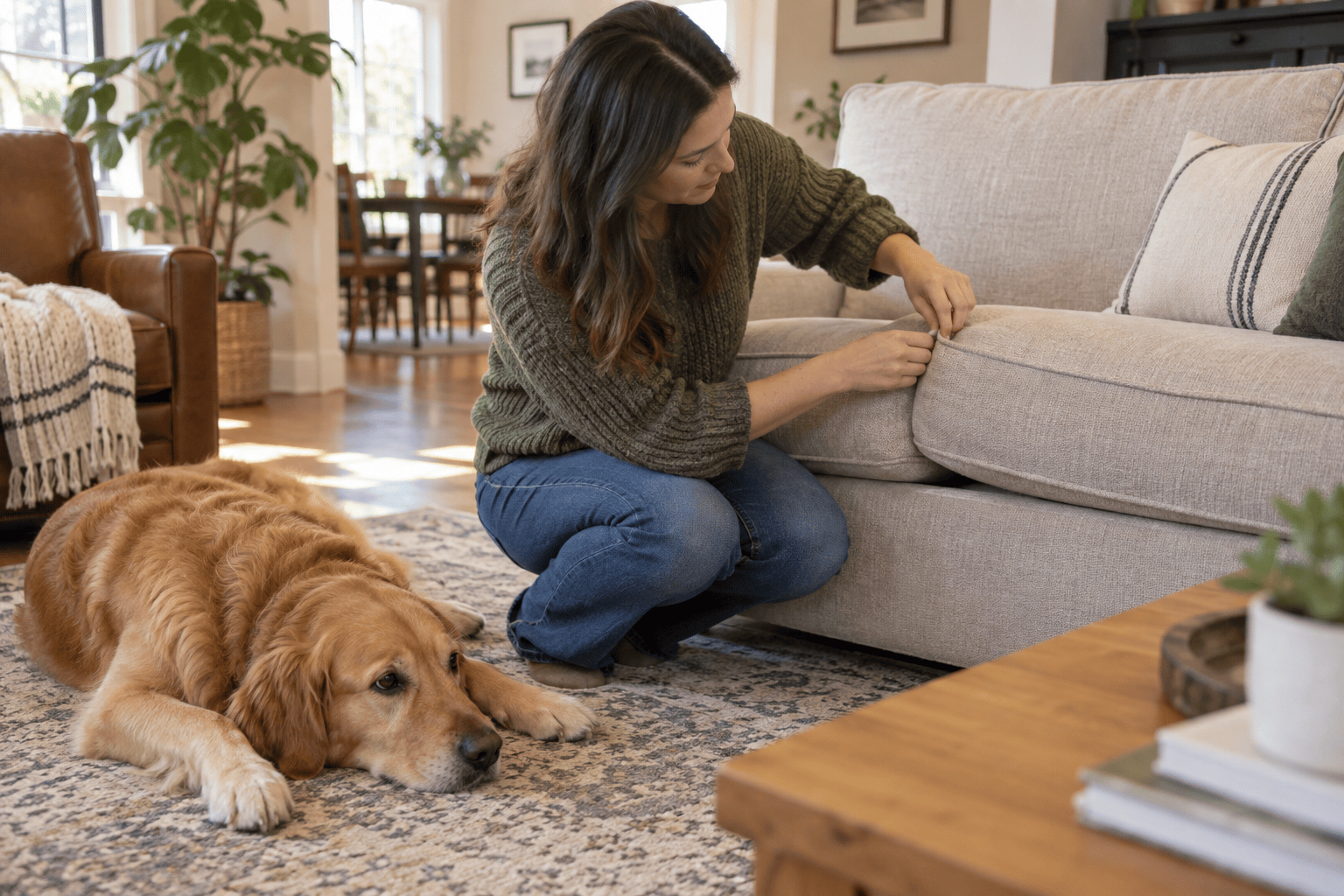Owner checks sofa seams and fabric near resting dog