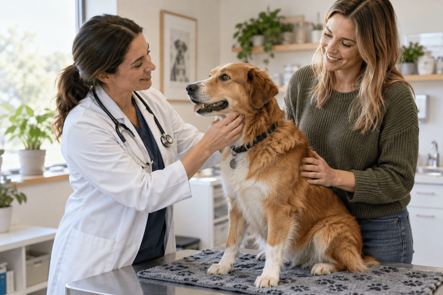 Dog and owner in a calm veterinary consultation