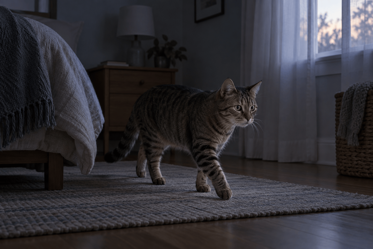 Cat walking in a low-light bedroom