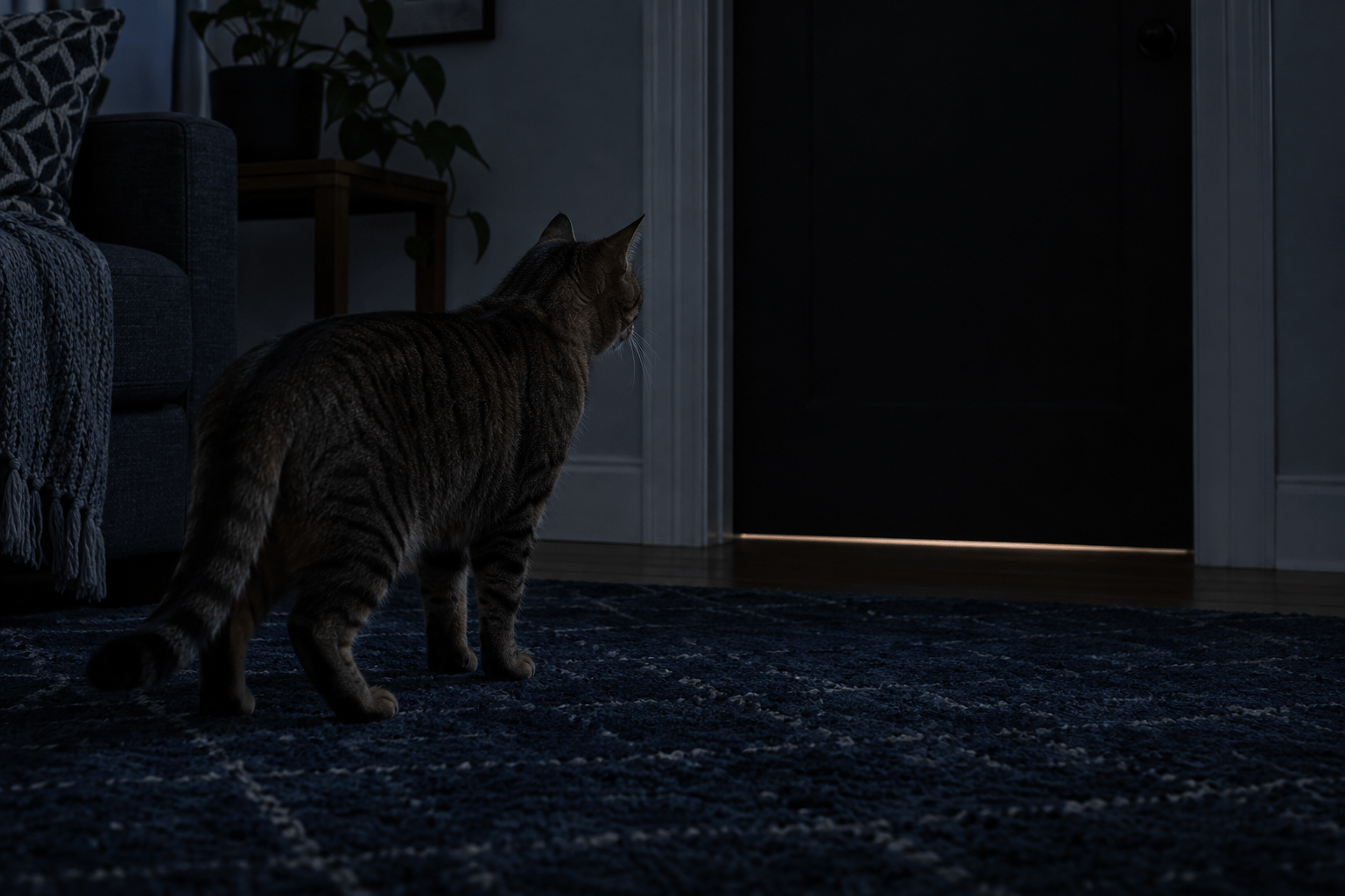 Cat at an unlit doorway with a sliver of light