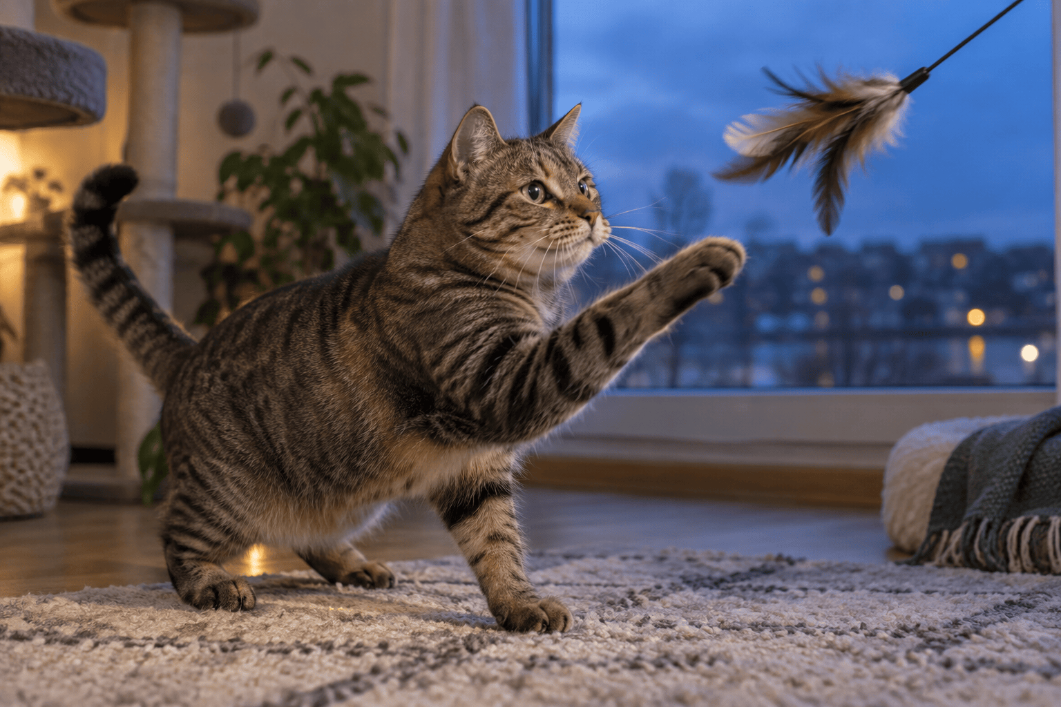 Cat following a toy at dusk