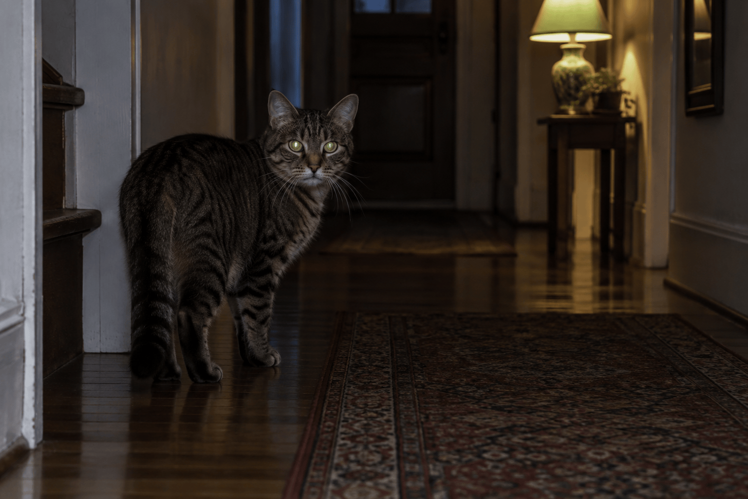 Cat with subtle reflected eyeshine near a lamp