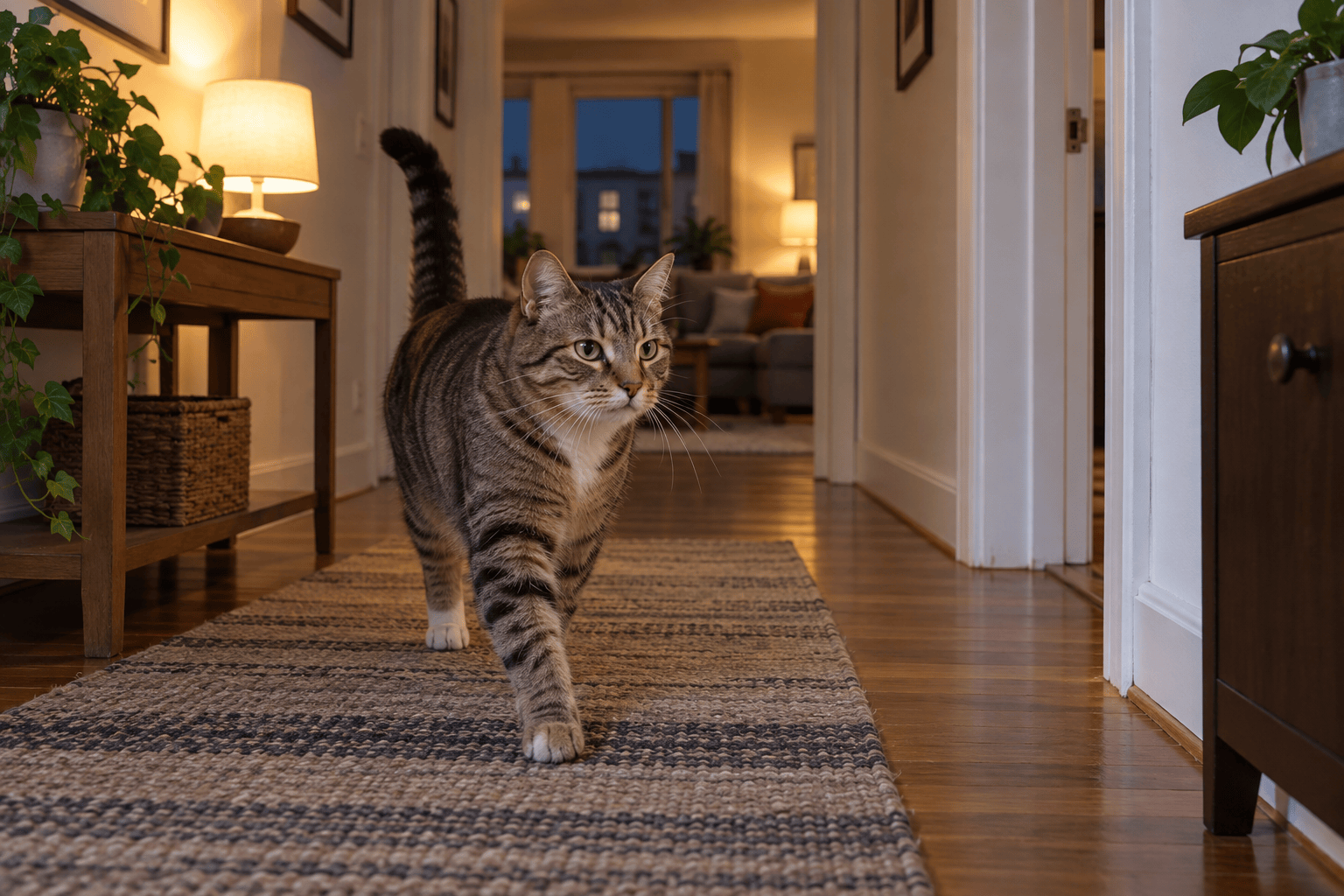 Cat walking along a clear hallway at night