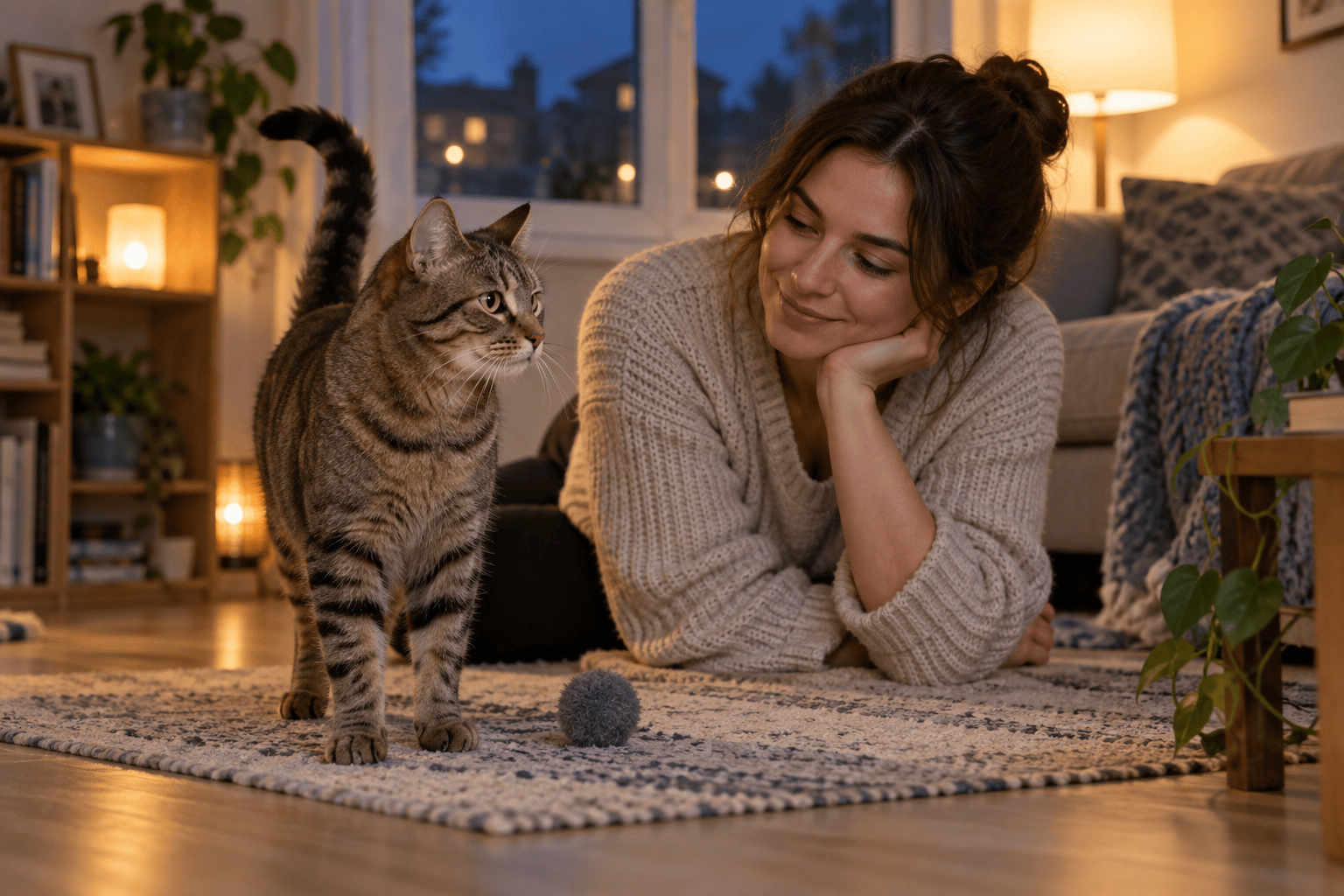 Owner watching cat in a familiar evening room