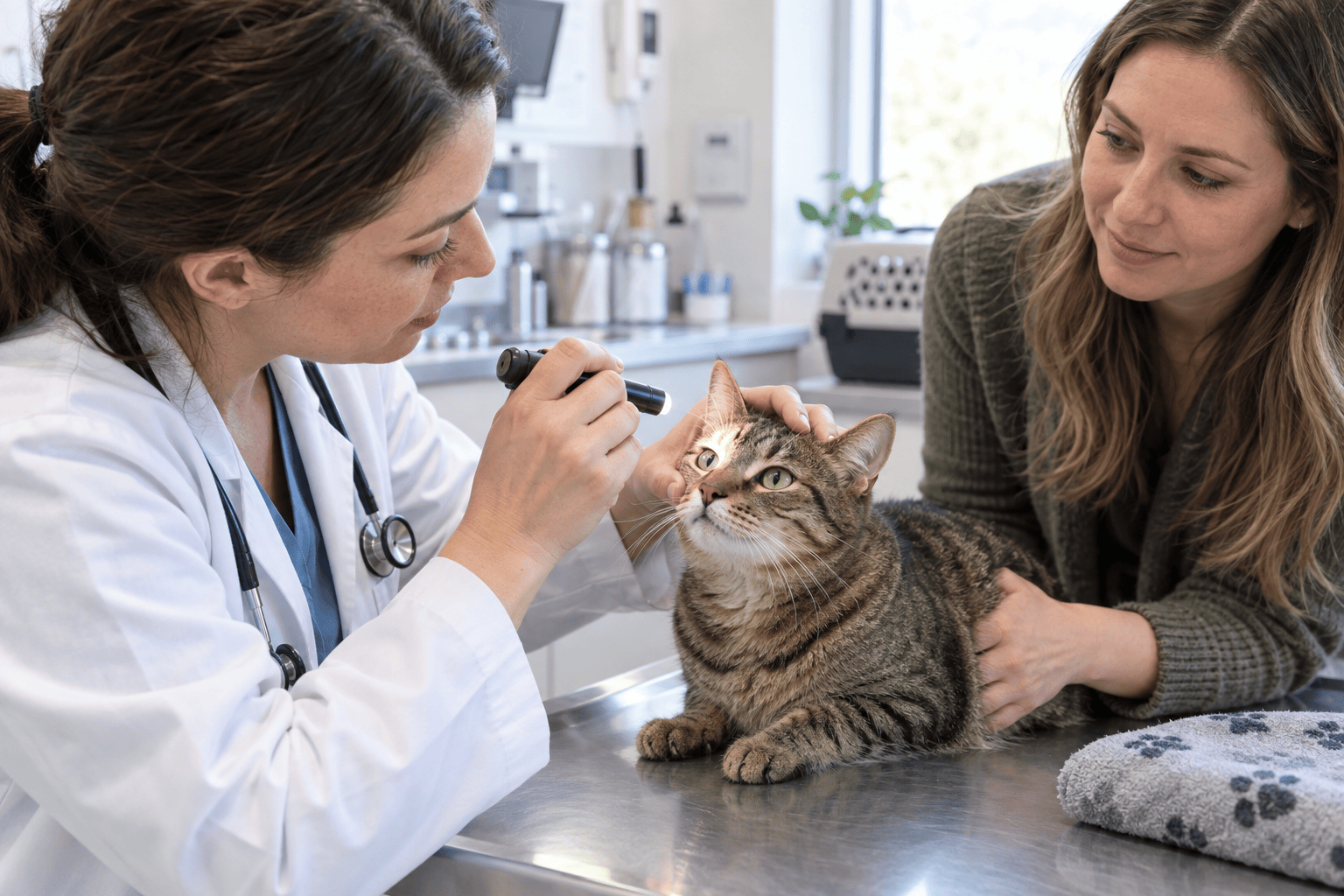Veterinarian examining a cat's eyes