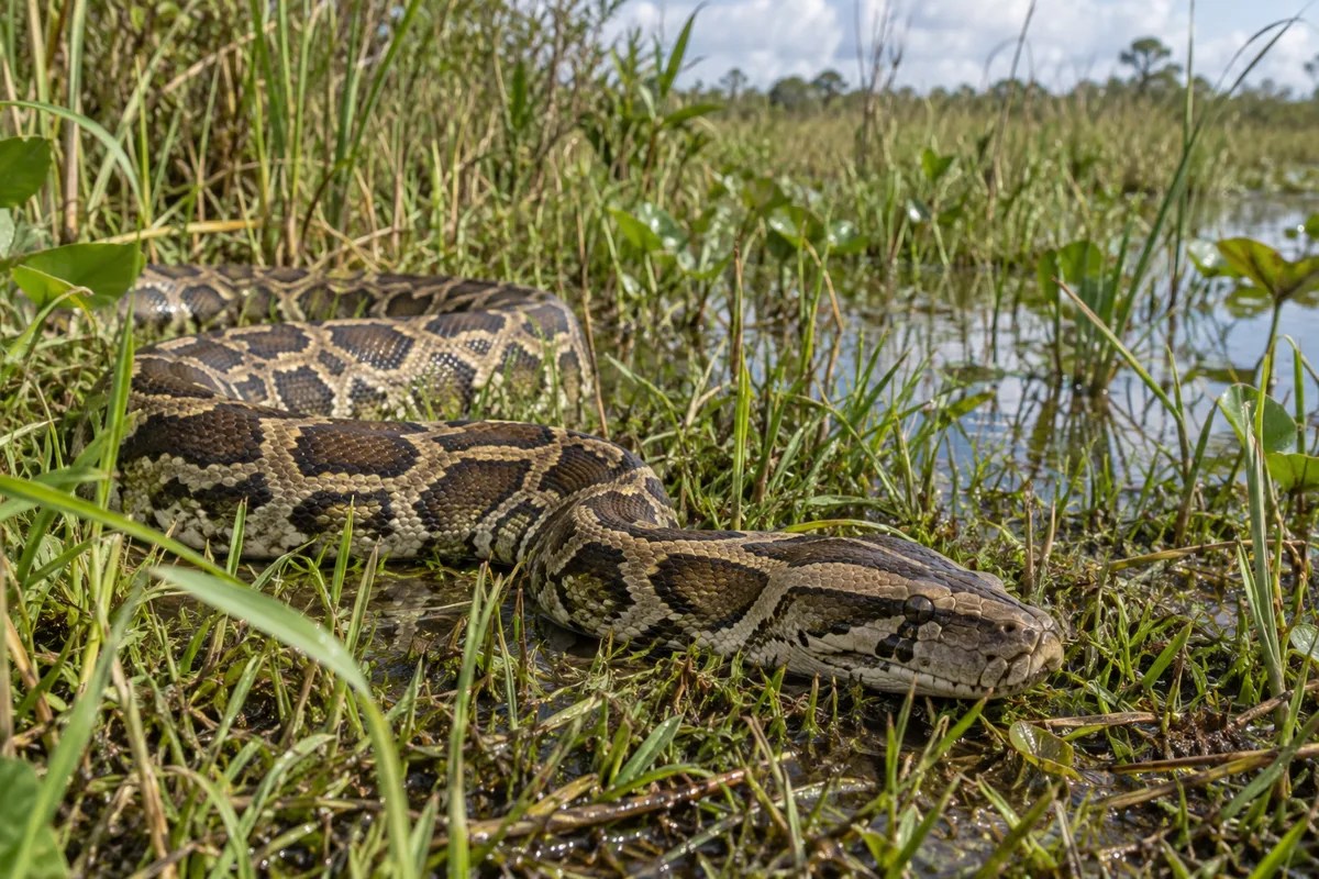 Illustrative Burmese python alone in wetland grass