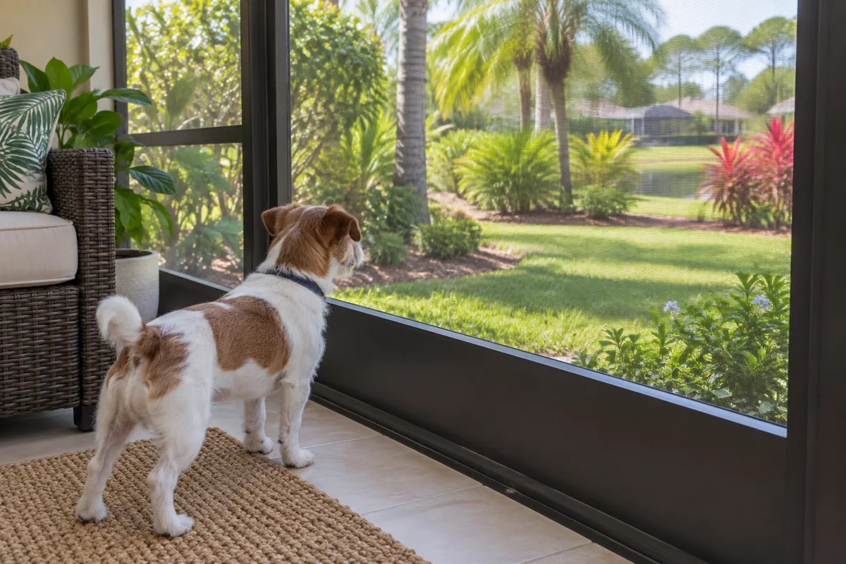 Dog safely behind a closed screened porch