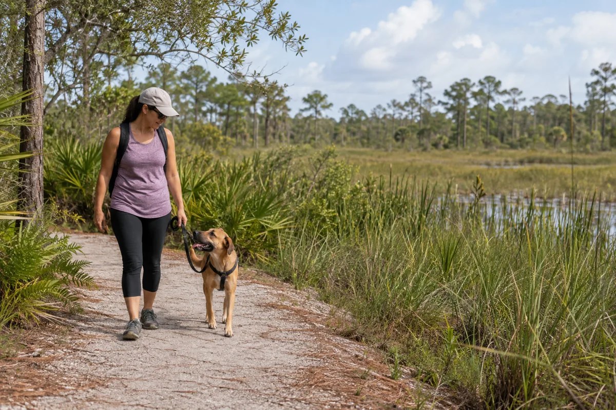 Owner keeping a dog on leash on a Florida trail