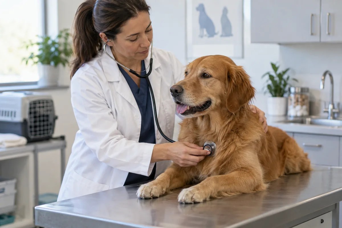 Veterinarian checking a calm dog