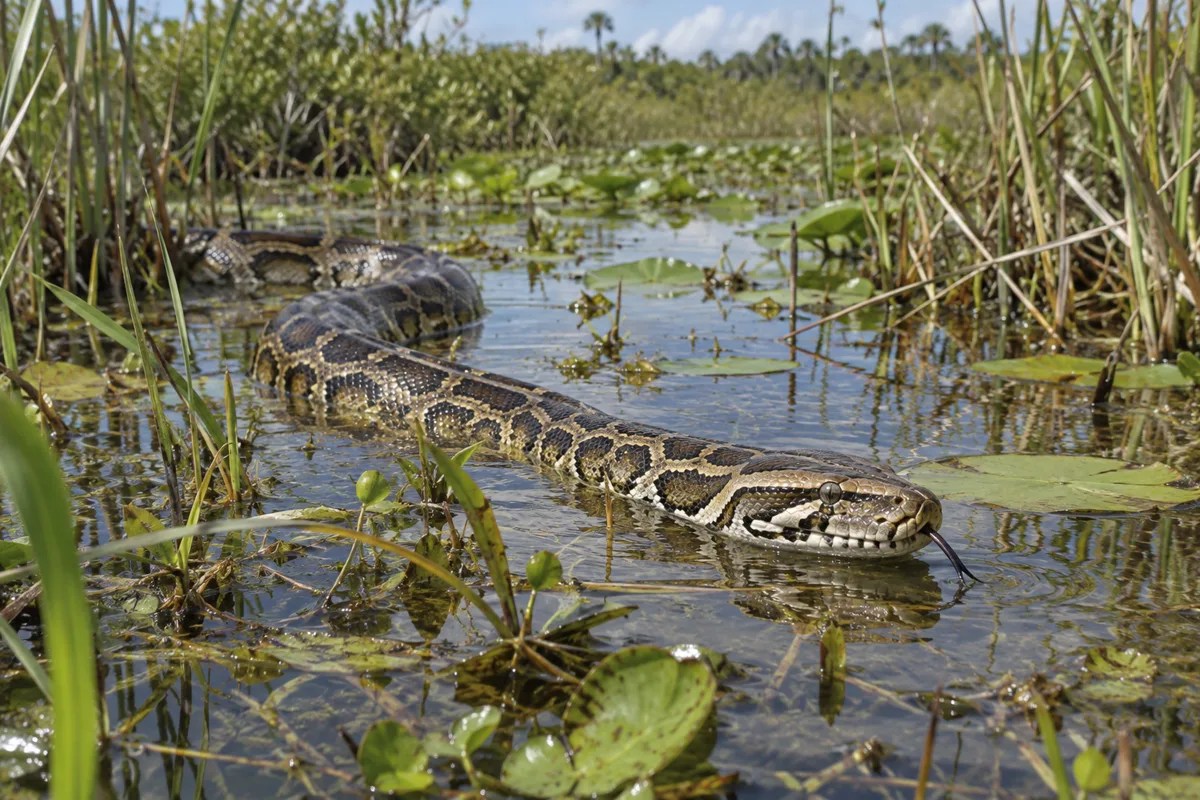 Illustrative Burmese python alone in shallow wetland water