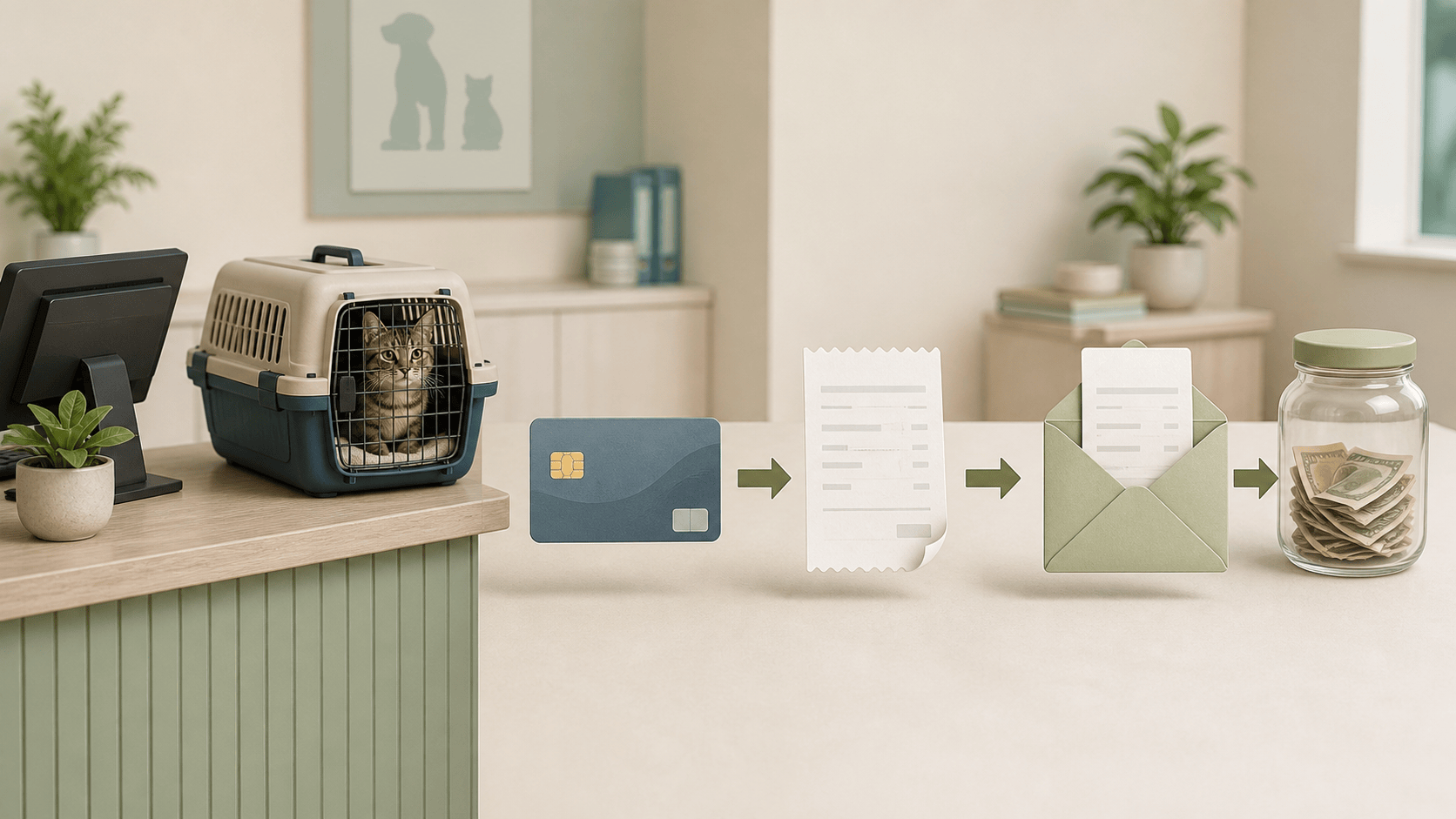 Cat carrier, payment card, receipt, claim envelope, and reserve jar showing the pet insurance claim process
