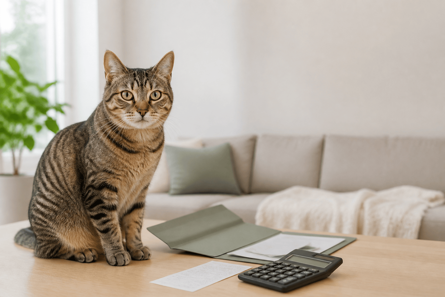 Indoor tabby cat beside a calculator and pet insurance paperwork