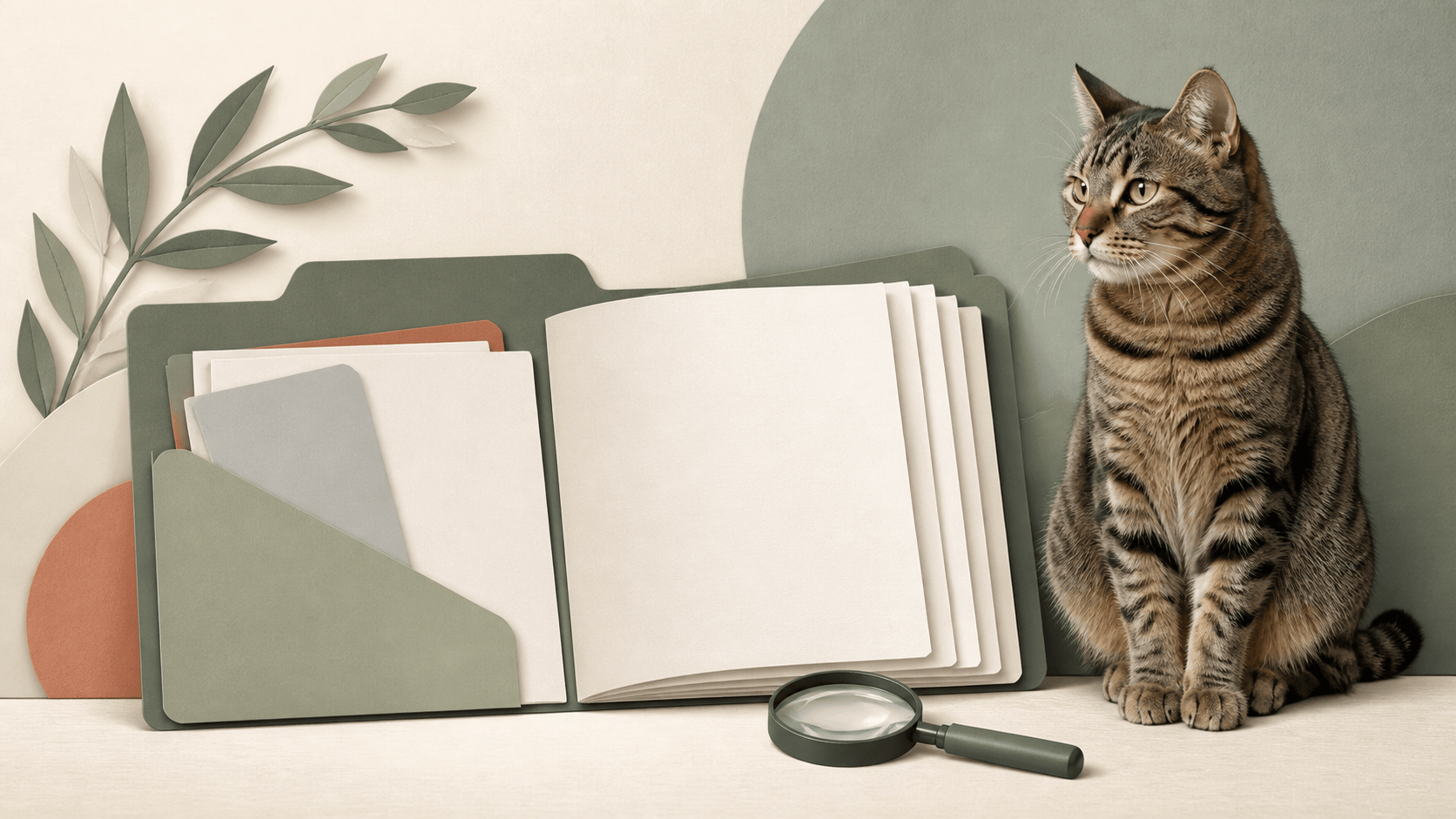 Cat health history folder and magnifying glass representing review of pre-existing conditions