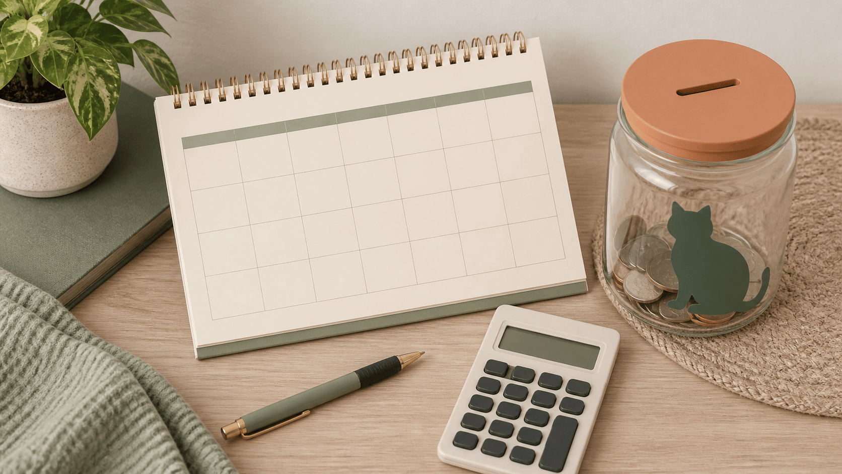 Calendar, calculator, and cat savings jar representing recurring pet insurance premium planning
