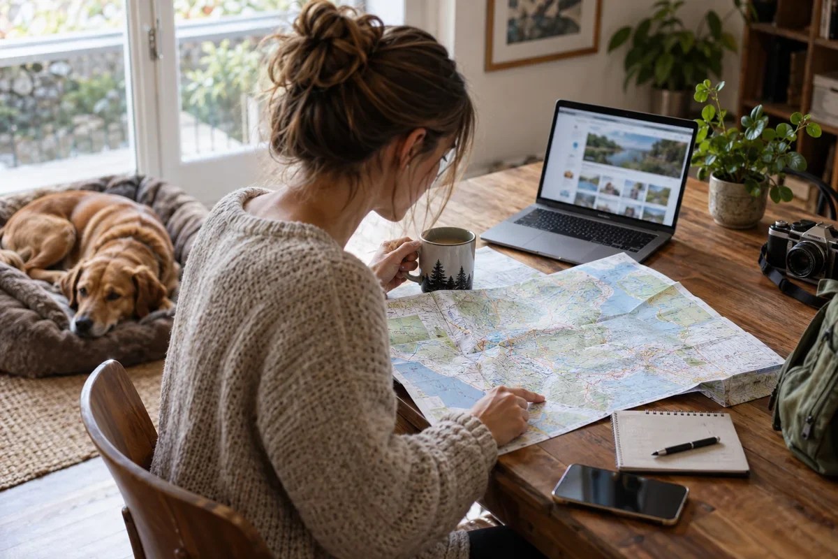 AI-generated scene of an owner planning a trip with a dog