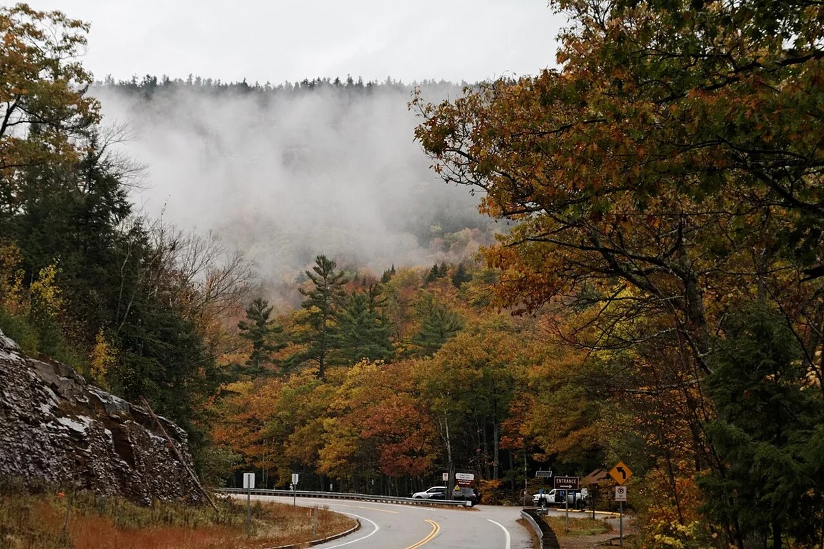 Historical photograph of Road approach near Lower Falls, Kancamagus Highway; not current foliage or access evidence