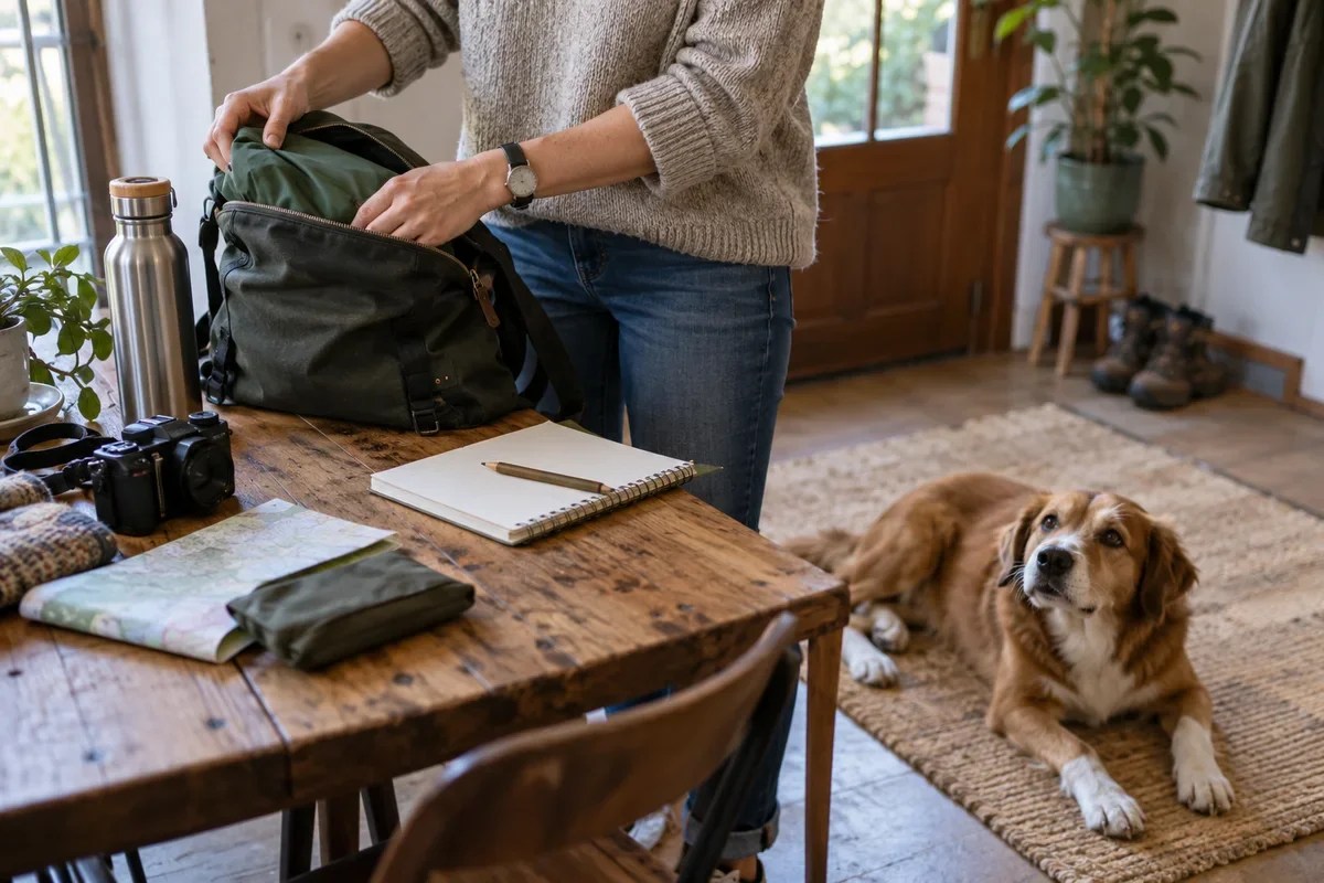 AI-generated owner preparing a day bag for a dog-friendly trip