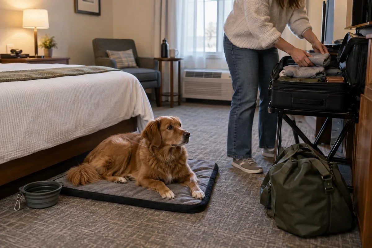AI-generated dog resting on a travel mat in a generic hotel room