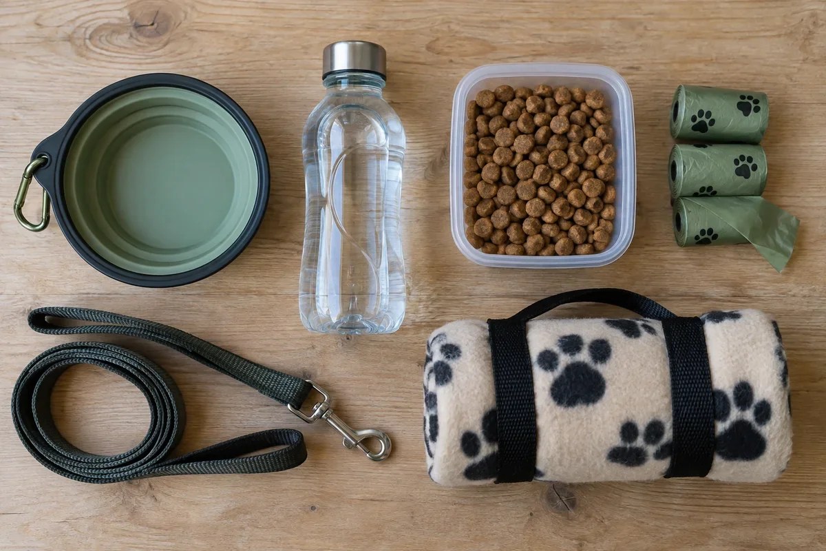 AI-generated photograph of water, a bowl, leash, food, and a travel mat