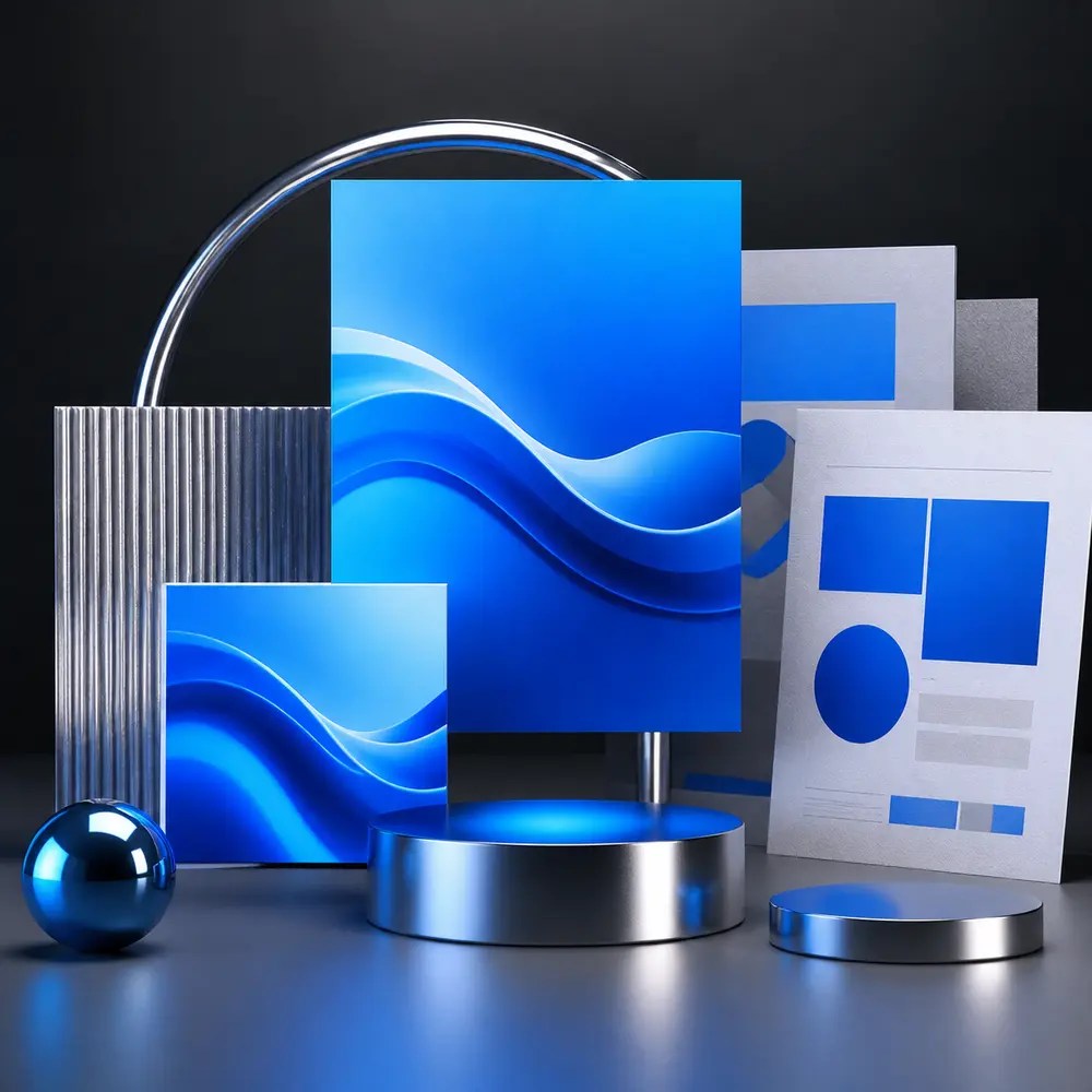 Bright blue and chrome abstract campaign materials representing digital content and advertising.