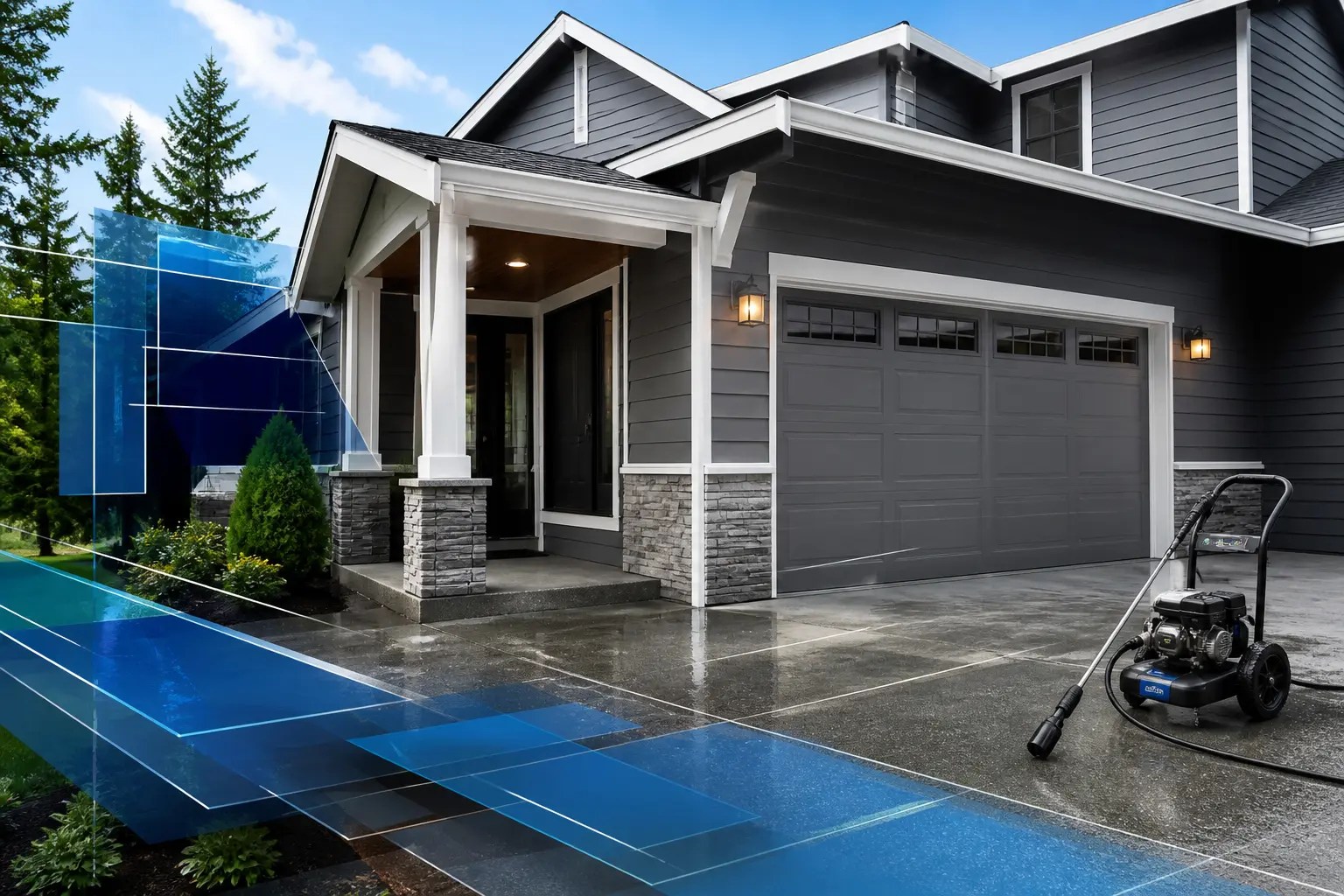 Clean dark-gray home exterior with pressure washing equipment and blue digital design accents.