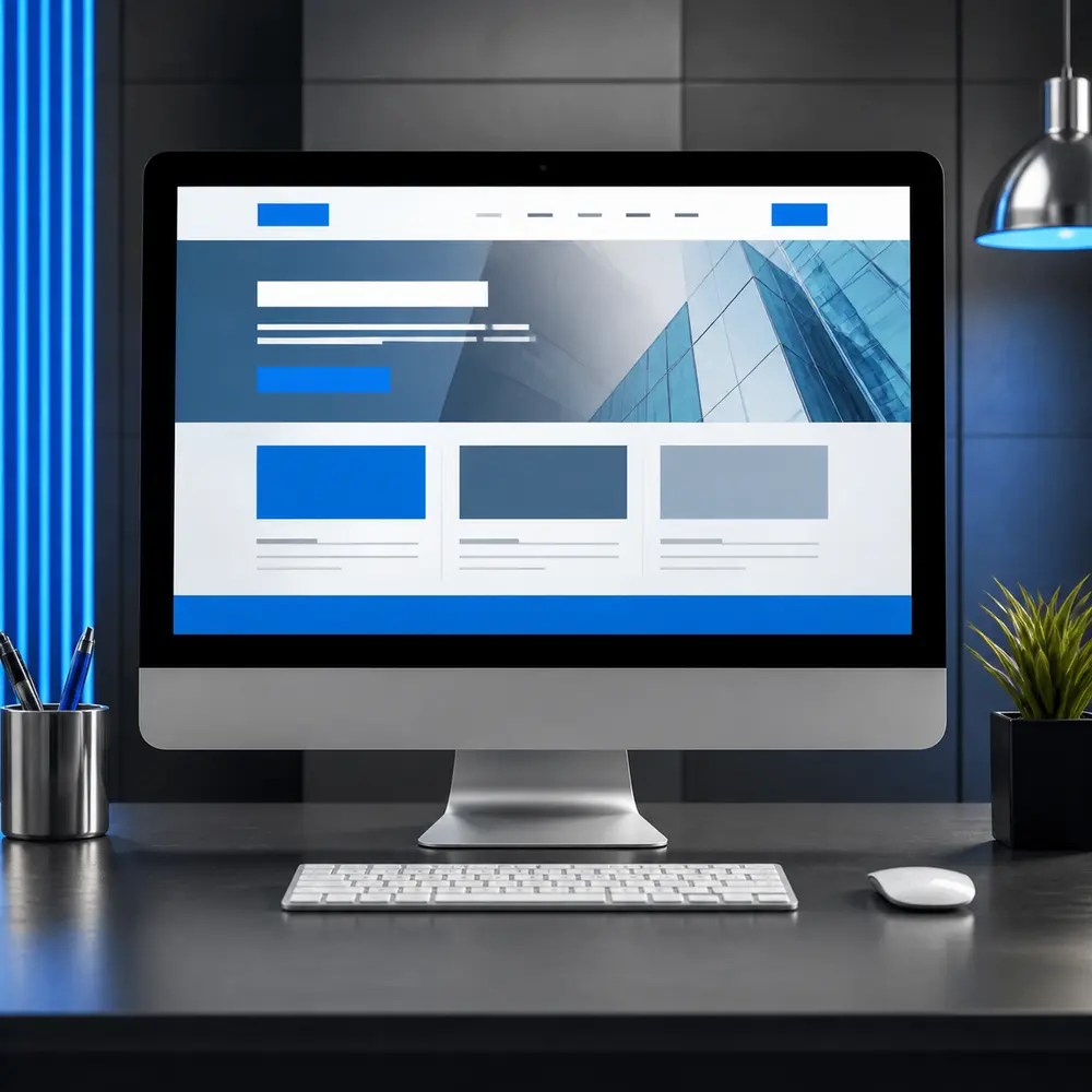 Modern blue and chrome website design displayed on a desktop screen.
