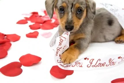 brown and tan puppy with valentine petals 430 x 286